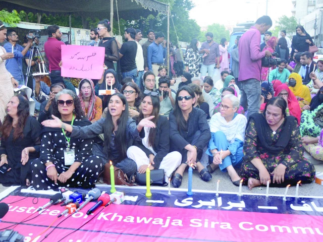 members of the transgender community and civil society gather in solemn protest outside the karachi press club their voices rising in grief and defiance after the brutal murders of three transgender individuals under the banner justice for the khwaja sira community they demand swift arrests and lasting protection before more lives are lost to silence photo jalal qureshi express