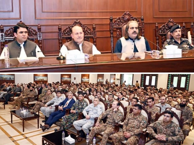khyber pakhtunkhwa chief minister ali amin gandapur addresses participants from the 26th national security and war course under the national defence university photo express