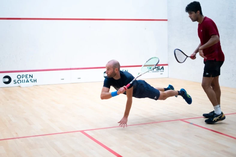 noor zaman defeated gr goire marche in a hard fought 3 2 battle to advance to the open squash classic quarterfinals photo courtesy zulfiqar baig