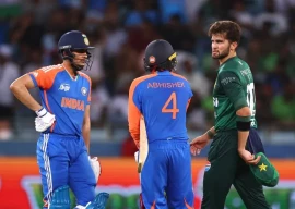 shaheen shah afridi right of pakistan speaks to abhishek sharma of india and shubman gill of india during the asia cup match between india and pakistan at dubai international stadium on september 21 2025 in dubai uae photo afp