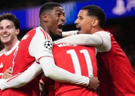 arsenal players celebrate during their 3 1 win over bayern munich photo afp