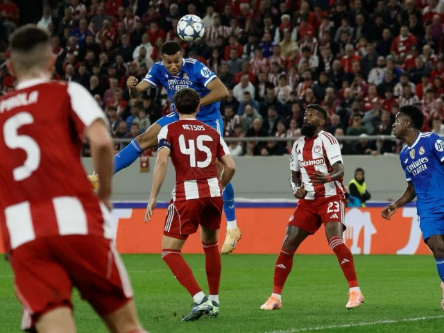 kylian mbappe scored all four goals as real madrid hung on to beat olympiacos 4 3 in the champions league on wednesday photo reuters kylian mbappe scored all four goals as real madrid hung on to beat olympiacos 4 3 in the champions league on wednesday photo reuters
