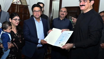 sindh cm murad ali shah presents a birth certificate to a parent during a launch of the civil registration management system crms mobile application at cm house in karachi on november 28 photo ppi