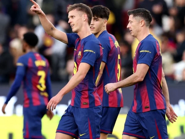 barcelona moved provisionally top of la liga on saturday with a 3 1 win over alaves with midfielder dani olmo netting a brace photo afp