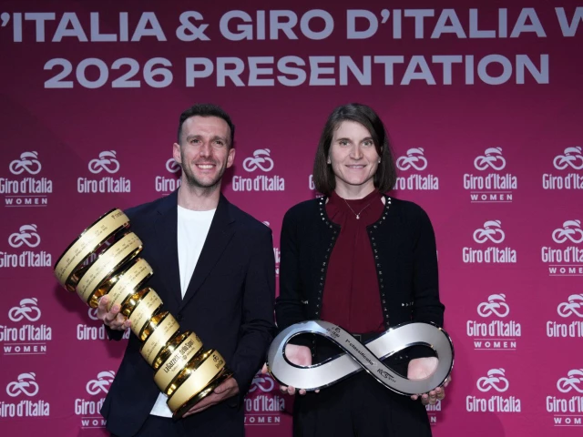 elisa longo borghini right and simon yates hold the giro d italia trophies on monday december 1 2025 in rome photo ap