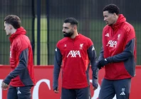 mohamed salah with hugo ekitik right and florian wirtz during training but the egyptian was left at home for the trip to play inter photo reuters