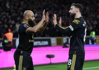 manchester united s bryan mbeumo celebrates scoring the team s second goal with bruno fernandes during the match photo afp