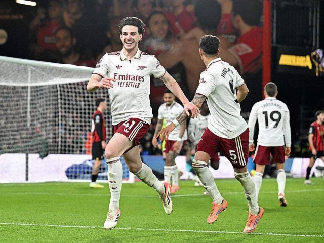 declan rice celebrates scoring arsenal s third goal the crucial one in their win over bournemouth photo afp declan rice celebrates scoring arsenal s third goal the crucial one in their win over bournemouth photo afp