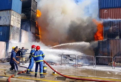 firefighters battle a blaze at karachi port s west wharf terminal on january 16 2026 photo express