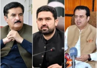 governor faisal karim kundi from l chief minister sohail afridi c and minister of state for interior talal chaudhry photo files