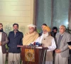 jamiat ulema e islam chief maulana fazlur rehman addresses a press conference in islamabad on friday flanked ttap chief mahmood khan achakzai and pti s asad qaiser screengrab