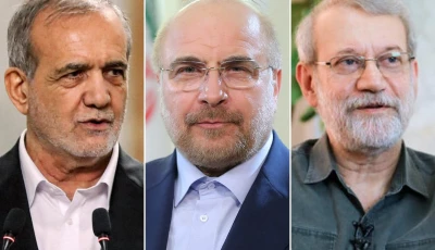 a combination photo of iranian president masoud pezeshkian l speaker of iran s parliament mohammad bagher ghalibaf c iran s supreme national security council secretary ali larijani r photos file