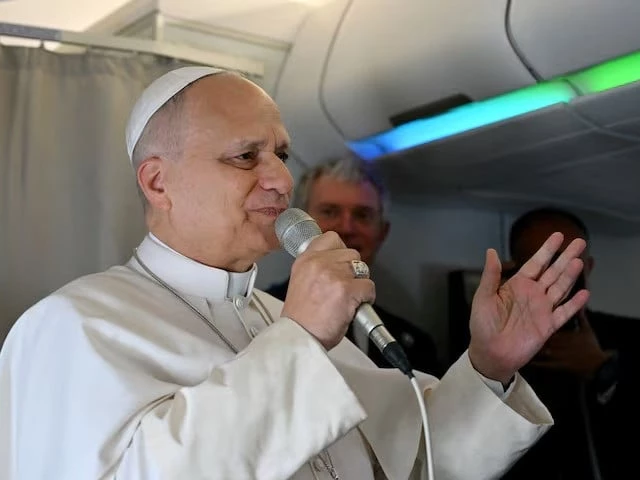 pope leo xiv addresses journalists during the flight heading to algiers on april 13 2026 photo reuters pope leo xiv addresses journalists during the flight heading to algiers on april 13 2026 photo reuters