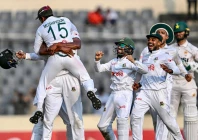 bangladesh celebrate their win at the end of the fifth day of the first test cricket match against pakistan at the sher i bangla national stadium in mirpur bangladesh on may 12 2026 photo afp
