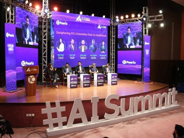 panelists pictured on stage during a session called deciphering ai s innovative role in healthtech at ai summit held as part of itcn asia at the lahore expo centre 2024 photo express panelists pictured on stage during a session called deciphering ai s innovative role in healthtech at ai summit held as part of itcn asia at the lahore expo centre 2024 photo express