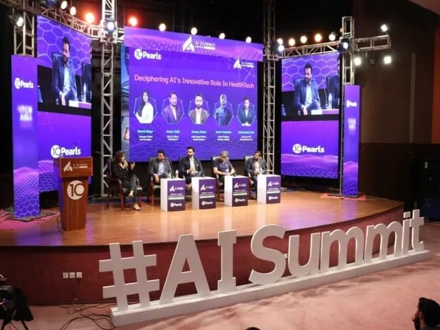panelists pictured on stage during a session called deciphering ai s innovative role in healthtech at ai summit held as part of itcn asia at the lahore expo centre 2024 photo express panelists pictured on stage during a session called deciphering ai s innovative role in healthtech at ai summit held as part of itcn asia at the lahore expo centre 2024 photo express