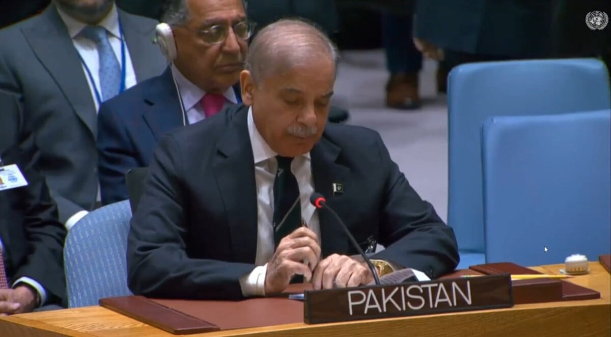 pakistan prime minister speaks during un security council s open debate on leadership for peace on the sidelines of 79th unga in new york on september 25 2024 photo screengrab un