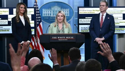 white house press secretary karoline leavitt speaks during a press briefing alongside treasury secretary scott bessent and small business administration administrator kelly loeffler at the white house on wednesday photo afp