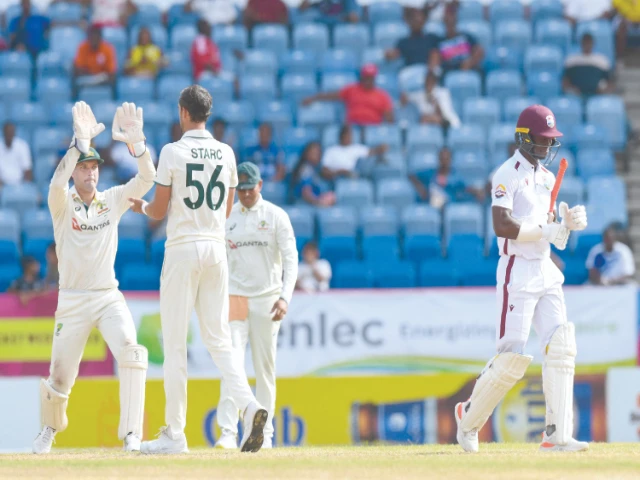 alex carey l and mitchell starc 2l of australia celebrate the dismissal of shamar joseph r of west indies during the 2nd day of the 2nd test between west indies and australia at grenada national cricket stadium saint george s grenada on july 4 2025 photo afp
