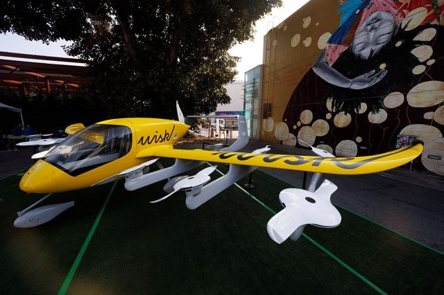 the wisk aircraft a joint venture between the boeing company and kitty hawk corporation is shown on display as the innovative transportation and technology conference comotion la is set to begin in los angeles california us november 16 2021 photo reuters