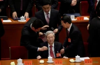 former chinese premier zhu rongji c leaves after the opening of the 19th national congress of the communist party of china at the great hall of the people in beijing china october 18 2017 reuters