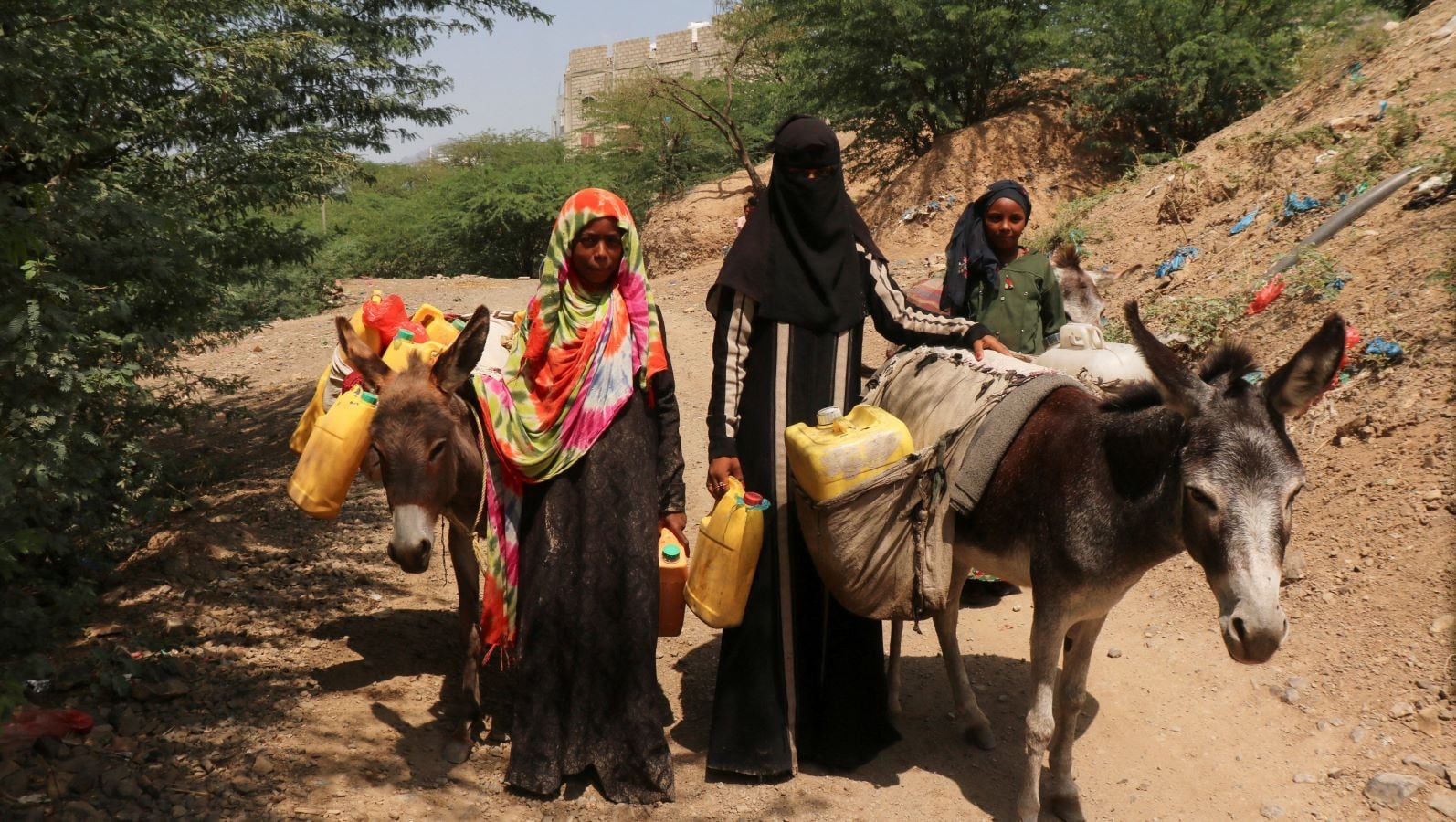 Women use donkeys to transport water jerrycans to the al-Bireen camp for displaced people who fled fighting between the Houthis and forces of Yemen's internationally recognized government in Taiz province, Yemen, September 17, 2026. REUTERS