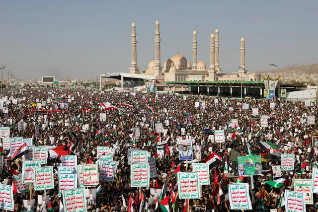 supporters of the houthi movement rally to denounce air strikes launched by the us and britain on houthi targets in sanaa yemen january 12 2024 photo reuters supporters of the houthi movement rally to denounce air strikes launched by the us and britain on houthi targets in sanaa yemen january 12 2024 photo reuters
