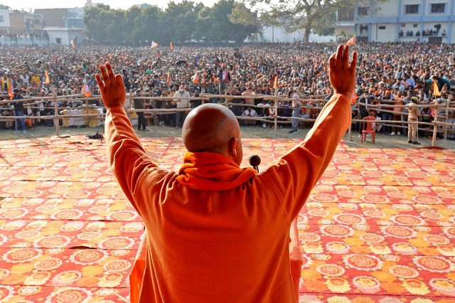 yogi adityanath chief minister of the northern state of uttar pradesh addresses his party supporters during an election campaign rally in sambhal district of the northern state india february 10 2022 reuters pawan kumar