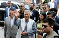 muhammad yunus c chief adviser of bangladesh s interim government gestures as he arrives to cast his ballot at a polling station during bangladesh s general election in dhaka on february 12 2026 bangladesh s interim leader muhammad yunus stepped down on february 16 2026 in a farewell broadcast to the nation before handing over to an elected government file photo afp