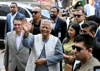 muhammad yunus c chief adviser of bangladesh s interim government gestures as he arrives to cast his ballot at a polling station during bangladesh s general election in dhaka on february 12 2026 bangladesh s interim leader muhammad yunus stepped down on february 16 2026 in a farewell broadcast to the nation before handing over to an elected government file photo afp