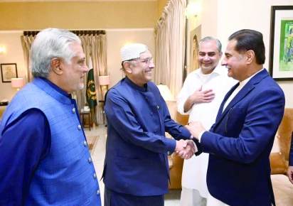 deputy pm fm senator ishaq dar and na speaker sardar ayaz sadiq call on president asif ali zardari at his residence in nawabshah as interior minister mohsin naqvi looks on photo app