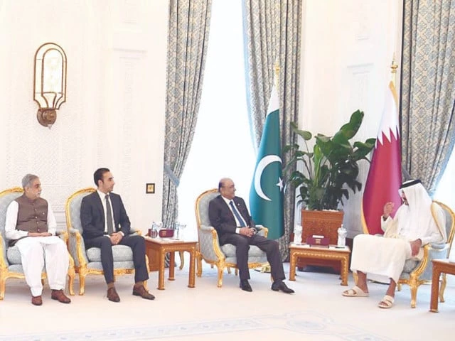 president asif ali zardari speaks with qatar s emir sheikh tamim bin hamad al thani during a meeting in doha photo inp