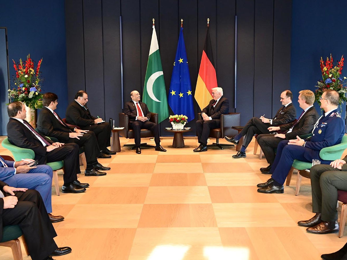 President Asif Ali Zardari and German President Frank-Walter Steinmeier during delegation-level talks at the Office of the President on Friday. Photo: PID