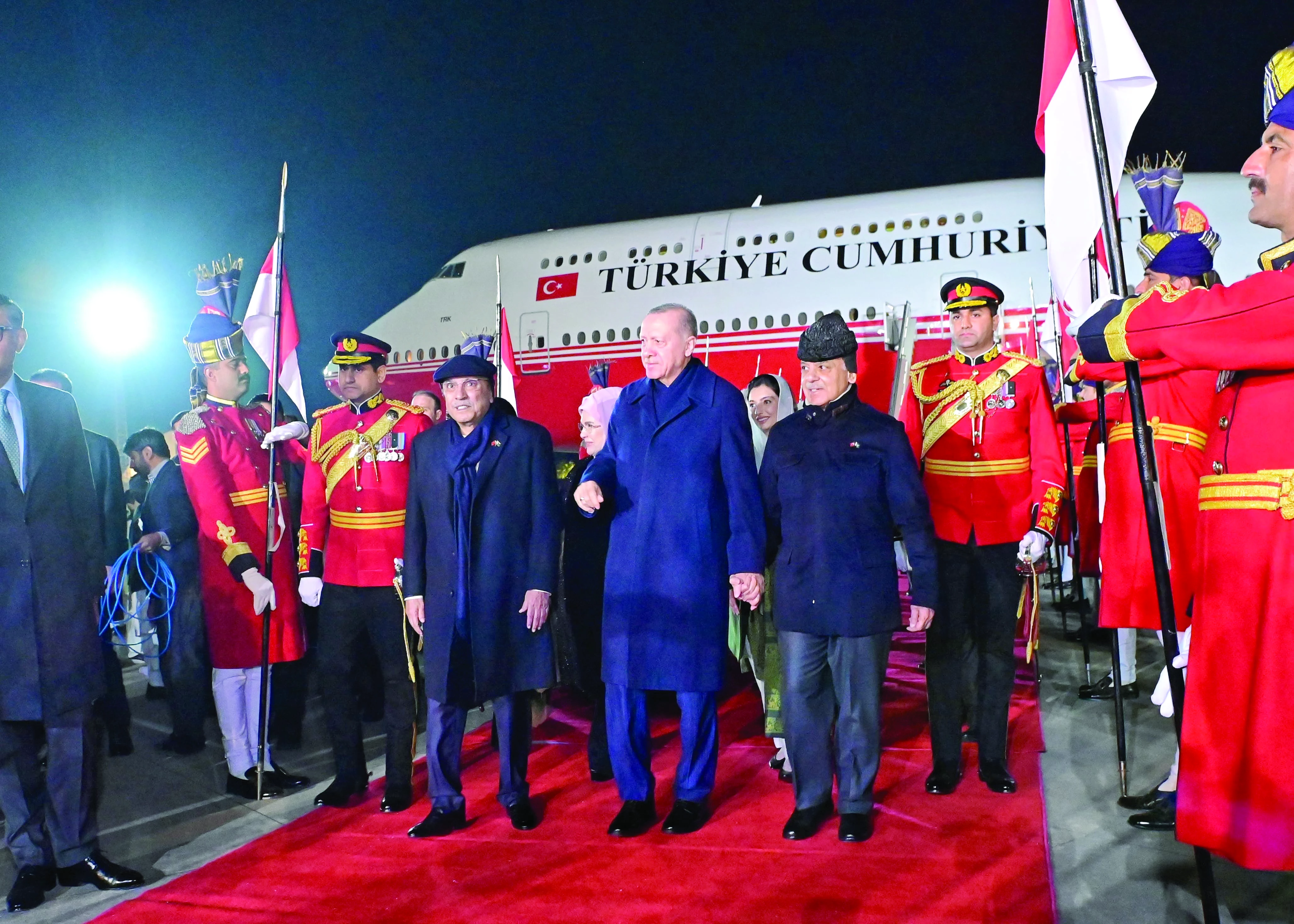 turkiye president recep tayyip erdogan walks with president asif zardari prime minister shehbaz sharif after arrival at the nur khan airbase photo express turkiye president recep tayyip erdogan walks with president asif zardari prime minister shehbaz sharif after arrival at the nur khan airbase photo express