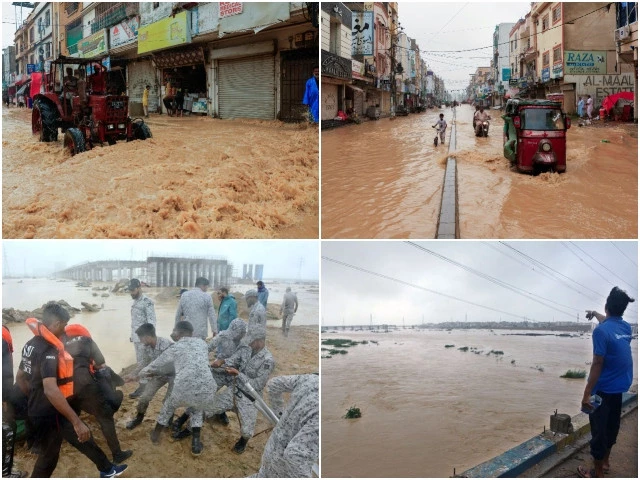 pakistan navy personnel take part in rescue efforts bottom left workers use a tractor to clear a flooded street after rain top right a rickshaw moves along a flooded street top left the water level in korangi nadi rises due to continuous rains lashing karachi bottom right photos reuters and app